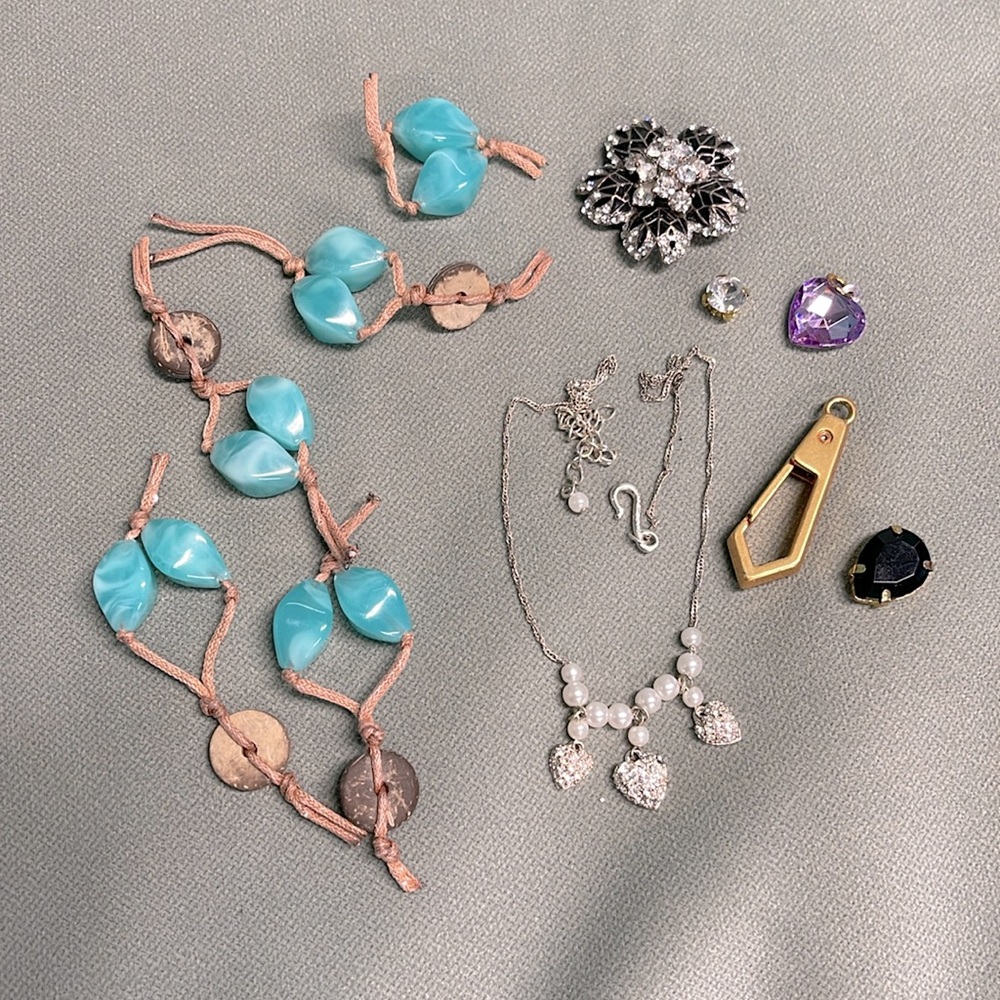 SCRAP JEWELRY PIECES, FAUX AQUAMARINE, PEARLS, BROKEN FLOWER RING, & PEARLS